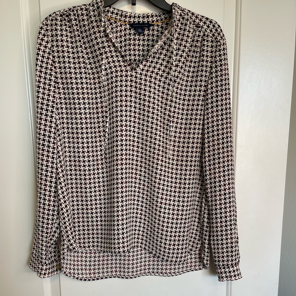 Lauren by Ralph Lauren White Black Houndstooth Blouse Small Beautiful Silky